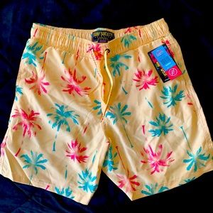 Surf society swim. Yellow w/ green/pink palm tree